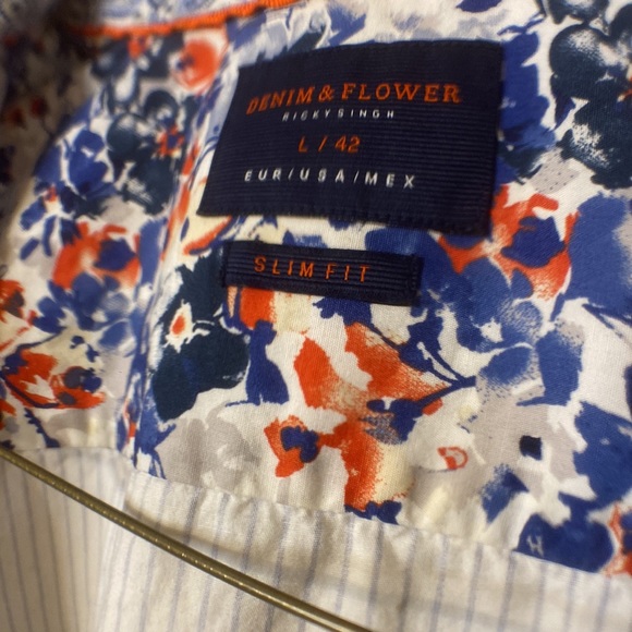 Large, white with blue stripes button up short sleeve dress shirt. - Picture 3 of 4